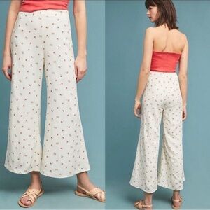 Anthropologie Feather Bone Talese Cherry Print Cream Wide-Leg Pants Size 14